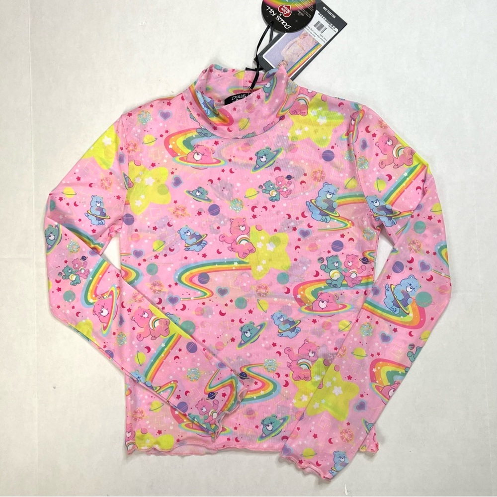Dolls Kill x Care Bears Mesh Long Sleeve Lettuce Hem Pink Top Size Small